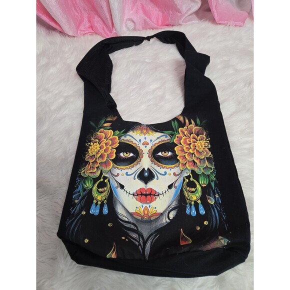Canvas Sling Bag with Colorful Day of the Dead Skull Hobo Purse Sack - Picture 1 of 6